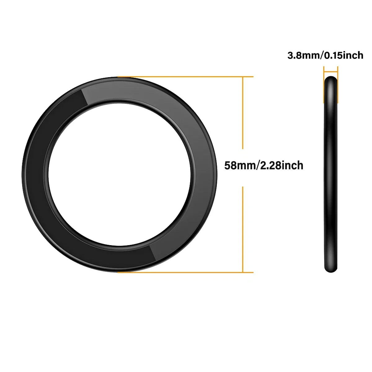 Black ring with measurements on a white background
