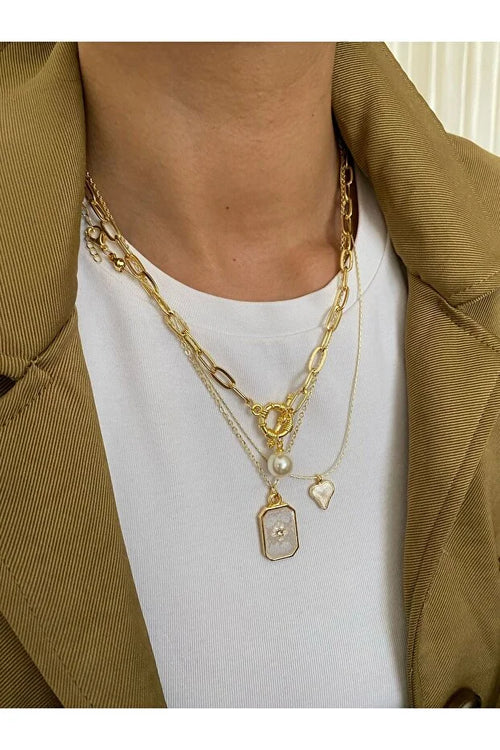 Pole Star Pearl Enamel Necklace Set Three Piece Layered Jewelry