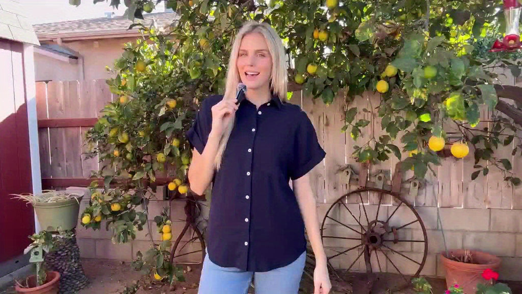 Casual Summer Women's Short Sleeve V-Neck Button-Up Shirt with Pockets - Light Gray | Vacation Clothing, Glossy Texture